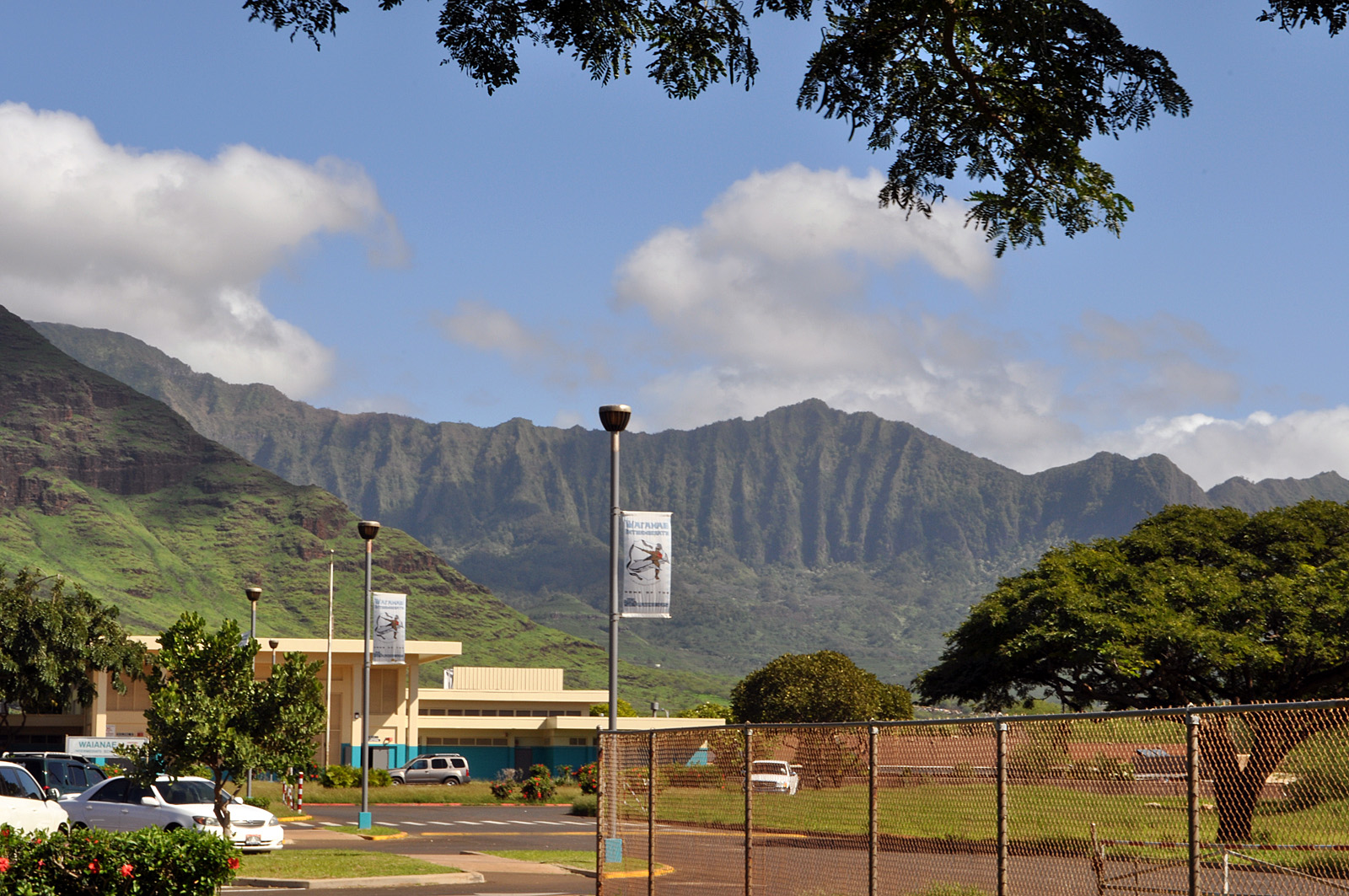 The Waianae Range rising behind Waianae.