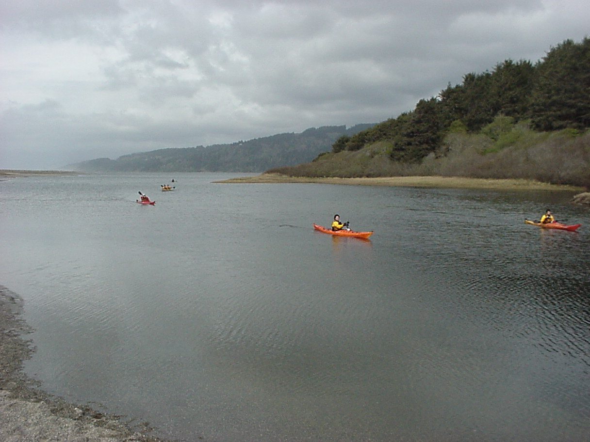 Kayakers paddling on Big Lagoon beneath redwood-covered hills
