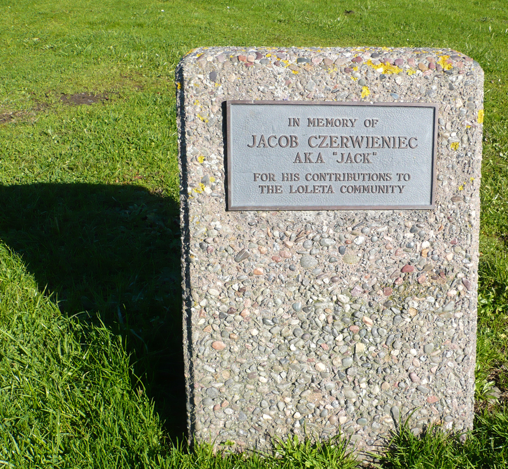 Stone memorial on the village green in Loleta, California