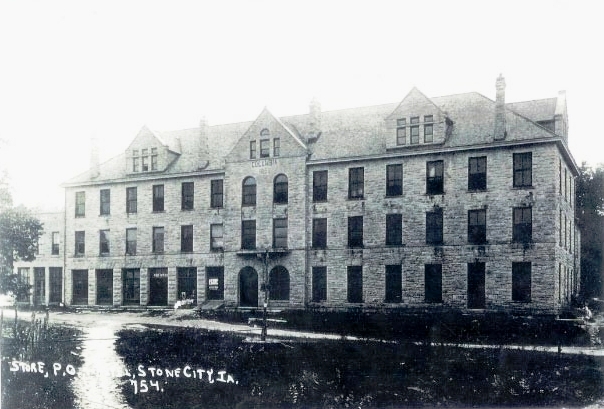 Historic view of Columbia Hall, the stone commercial block of Stone City, Iowa