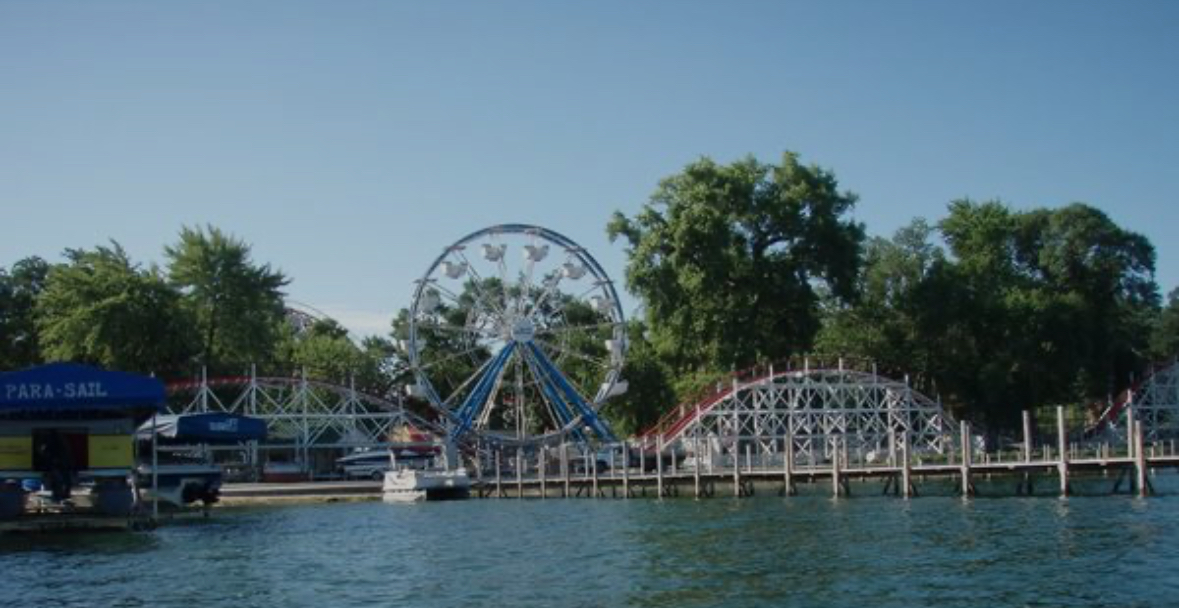 The Arnolds Park amusement park seen from the lake on West Lake Okoboji Iowa, adjacent to West Okoboji.