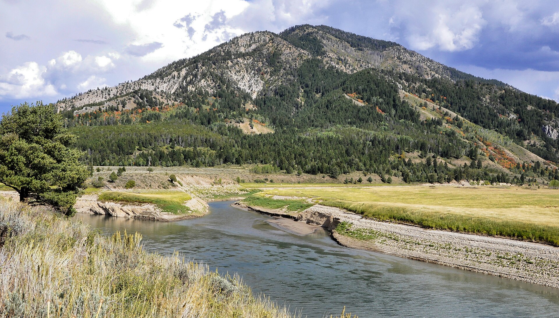 The Greys River joining the Snake River at Alpine, Wyoming, with mountains rising beyond.