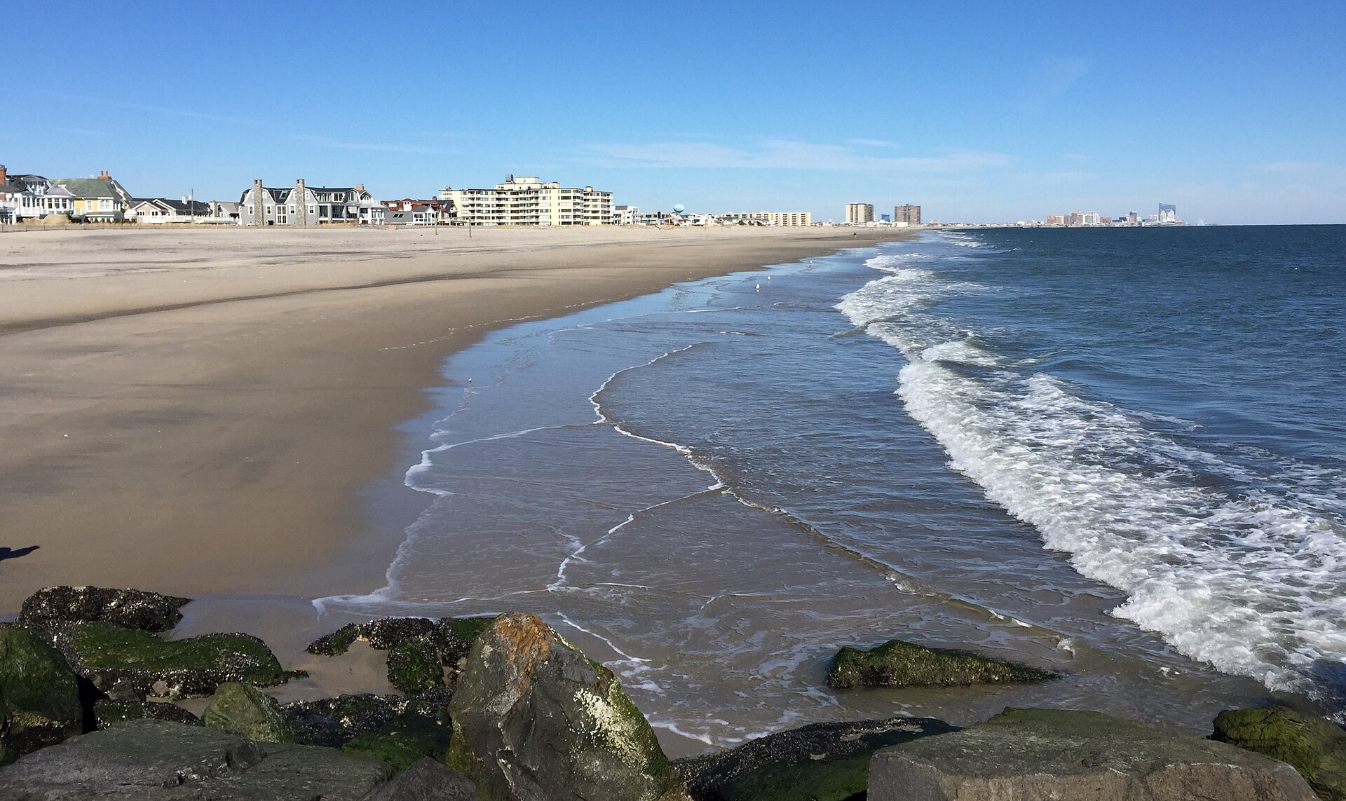 A wide sandy beach with gentle surf, rock jetties, and the Atlantic City skyline in the distance.