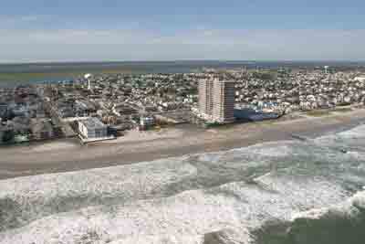 An aerial view of the beach and ocean in Margate City New Jersey.