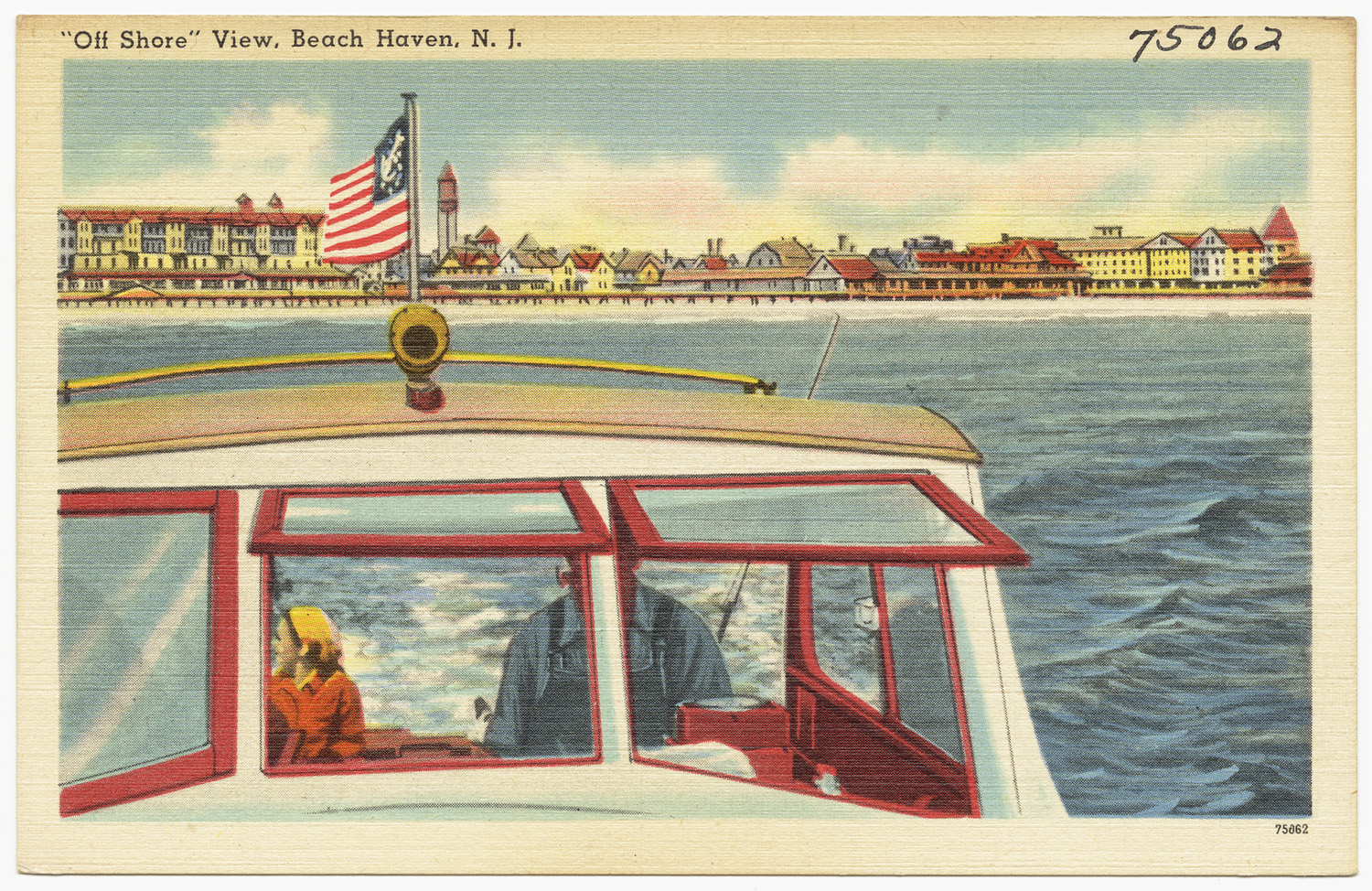 A hand-tinted vintage postcard showing a boat's cabin with an American flag, the Beach Haven shoreline and hotels beyond.