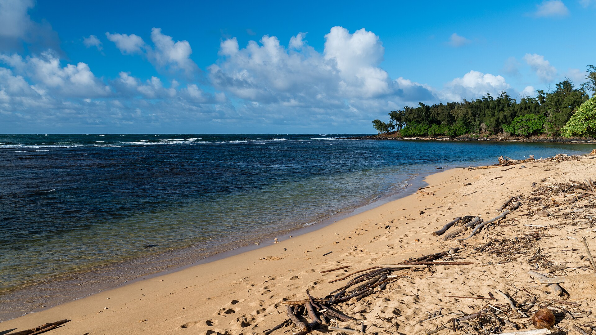 Sandy beach and turquoise water at Anahola Beach Park on Kauai, Hawaii