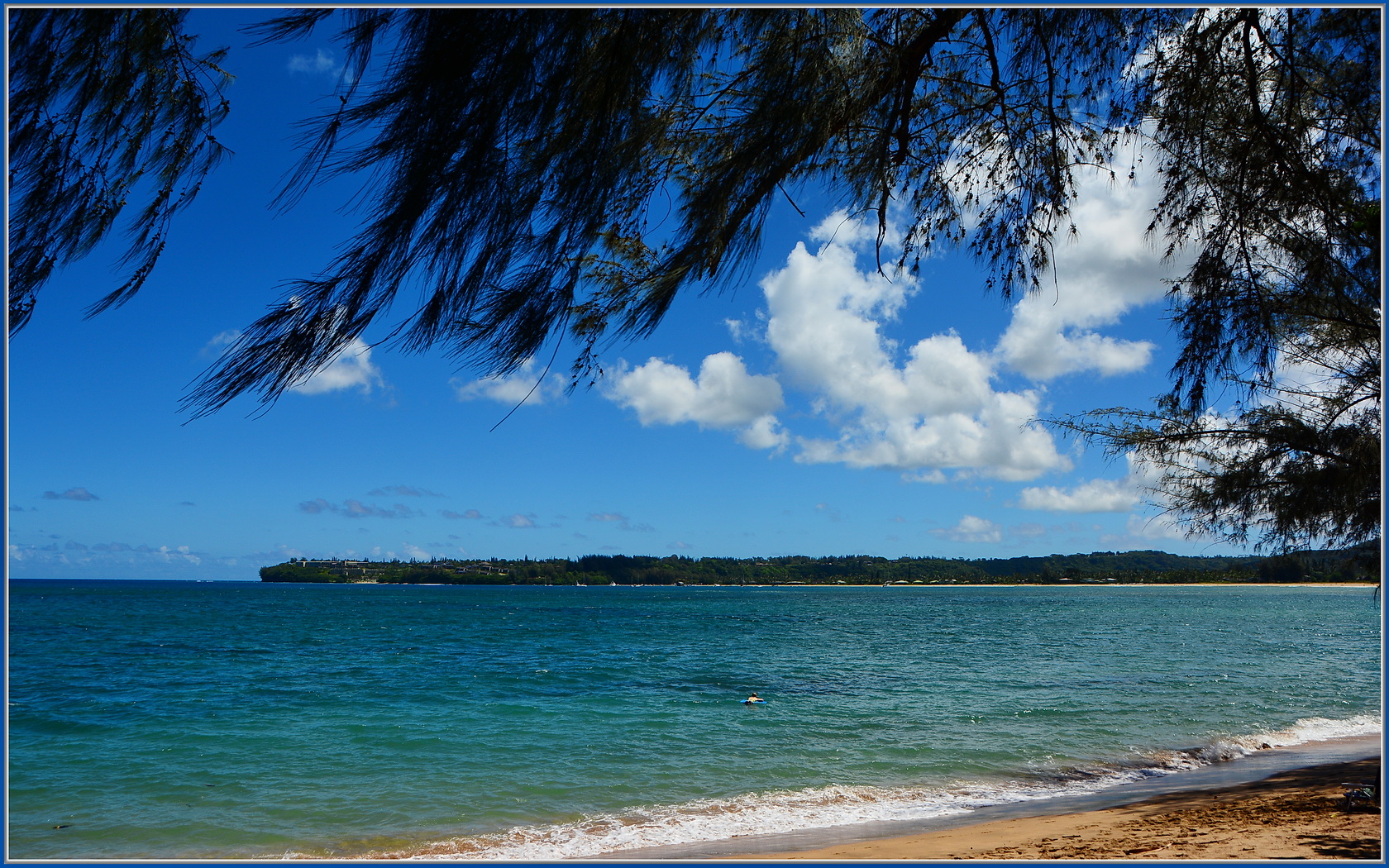 A broad bay of turquoise water framed by overhanging tree branches, with green mountains across the bay.