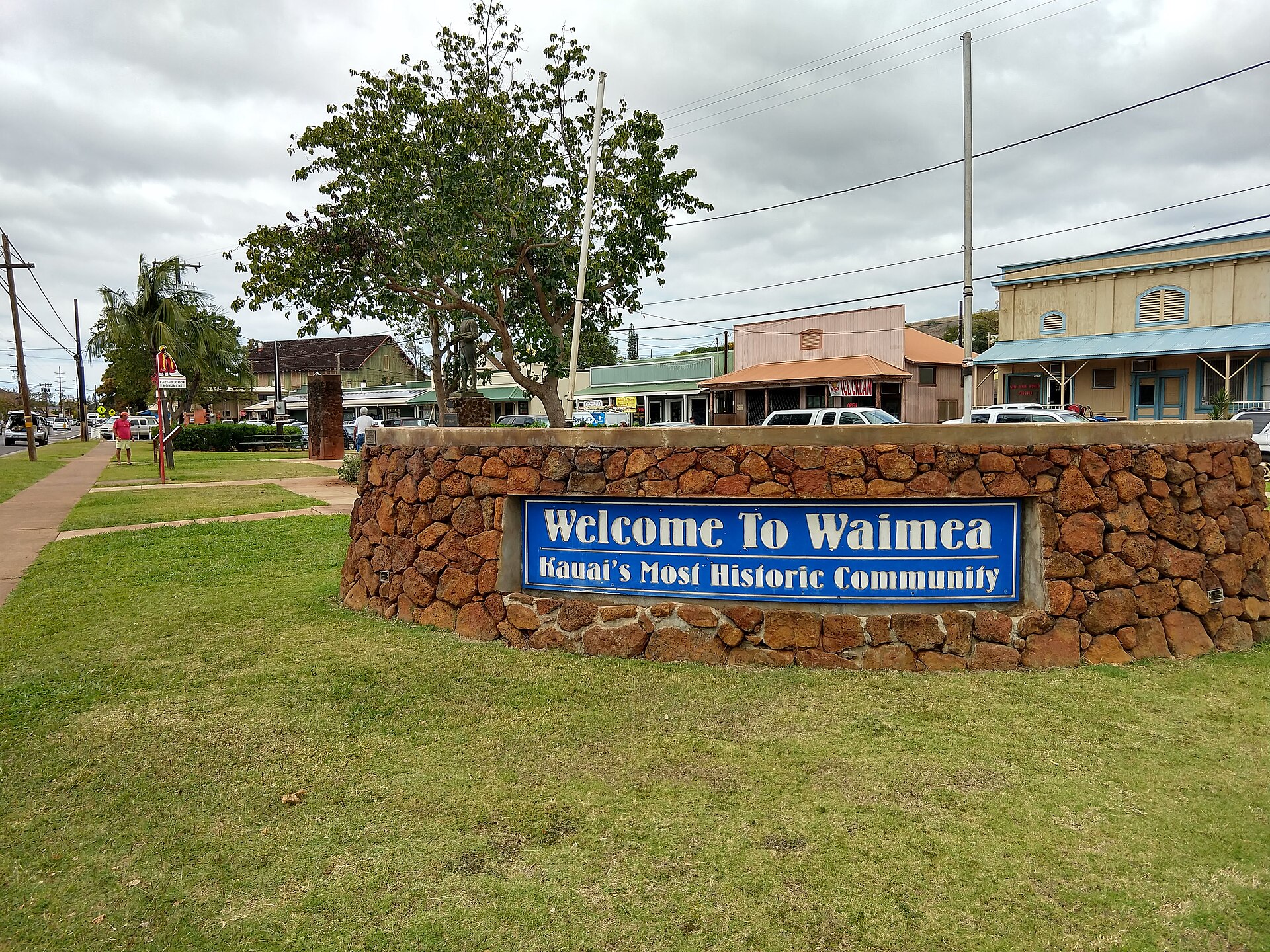 Stone 'Welcome to Waimea' sign at Hofgaard Park in Waimea, Kauai, Hawaii