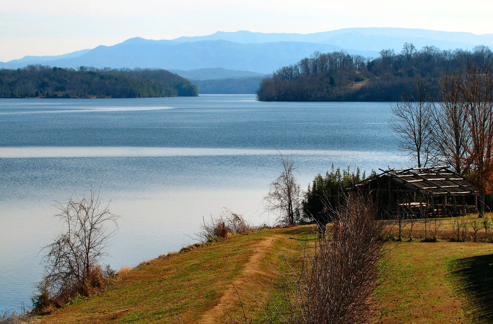 A view of Tellico Lake with mountains in the distance near Rarity Bay Tennessee.