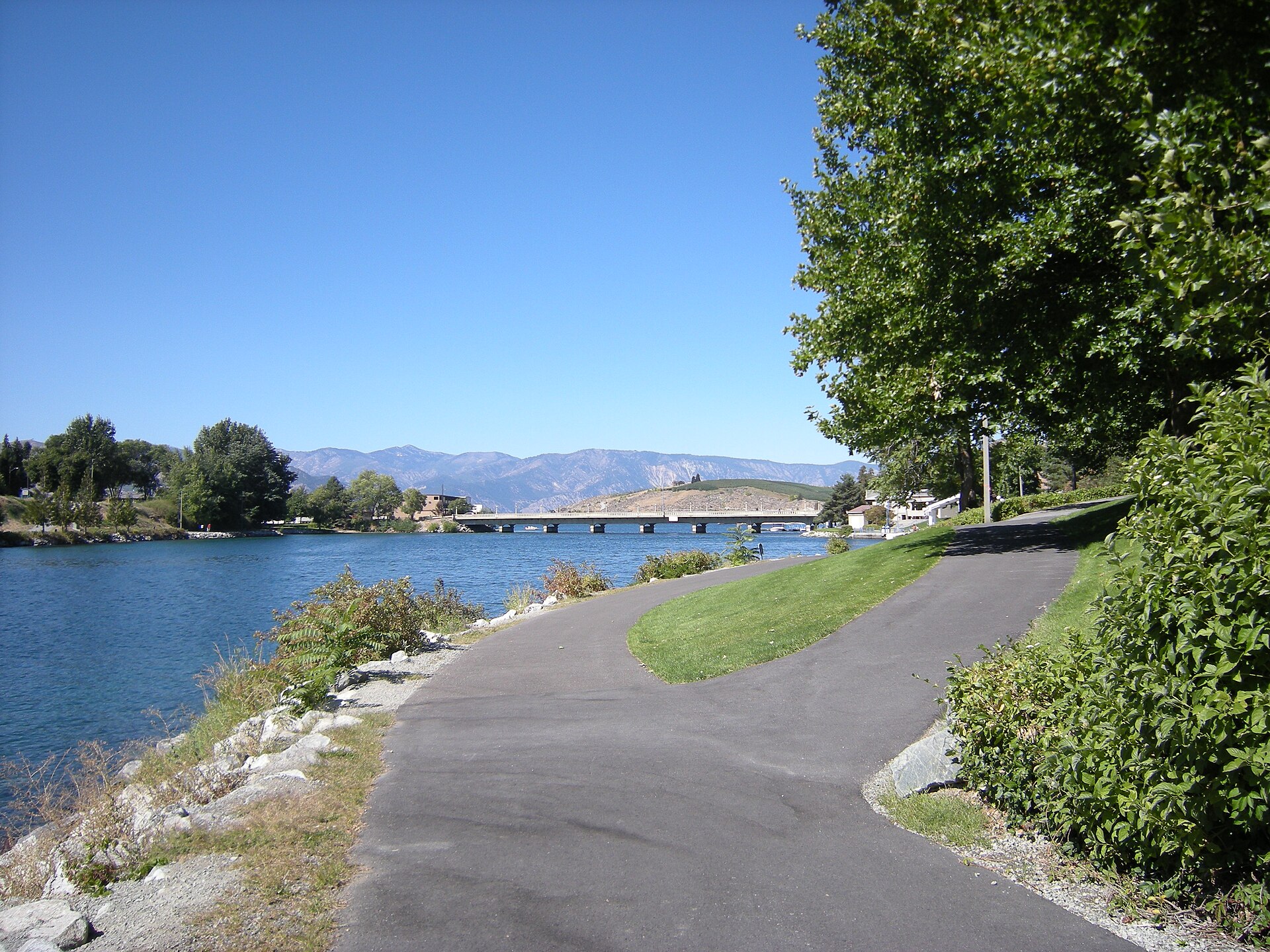 The Chelan Riverwalk along the Chelan River in Chelan, Washington