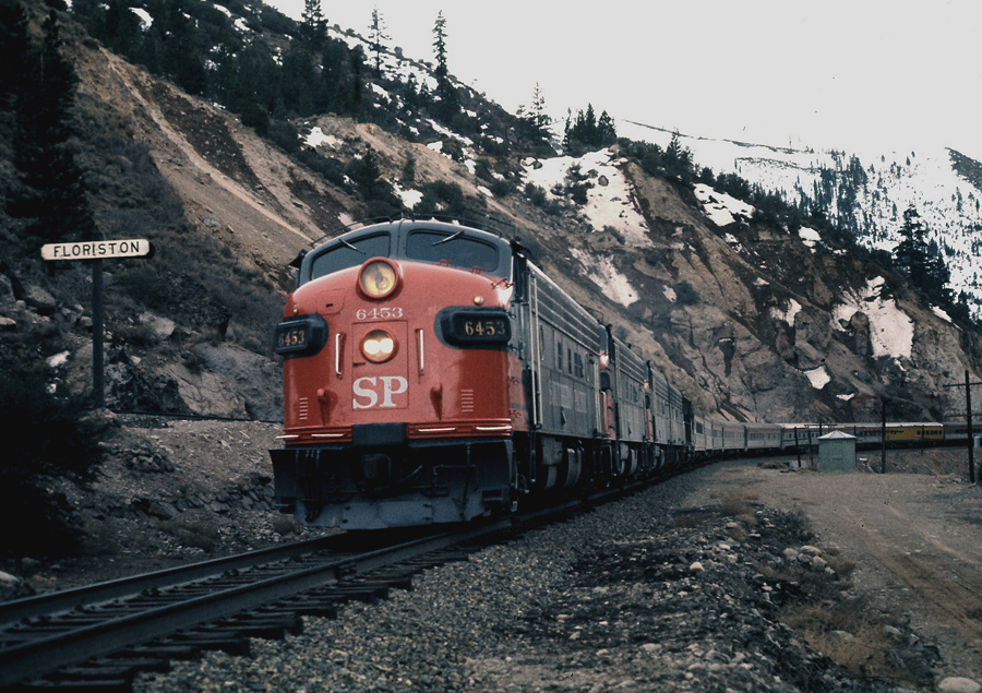 A Southern Pacific locomotive at the Floriston California railroad station in 1971.