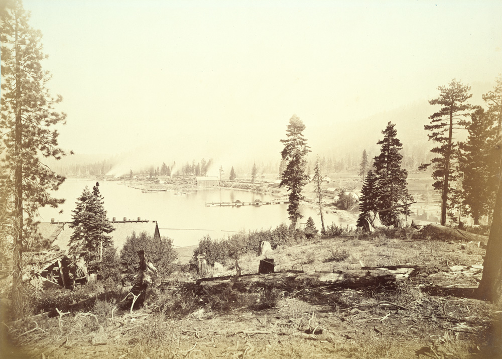 A sepia 19th-century view of a lumber-era shoreline settlement with tall pines and mill buildings.
