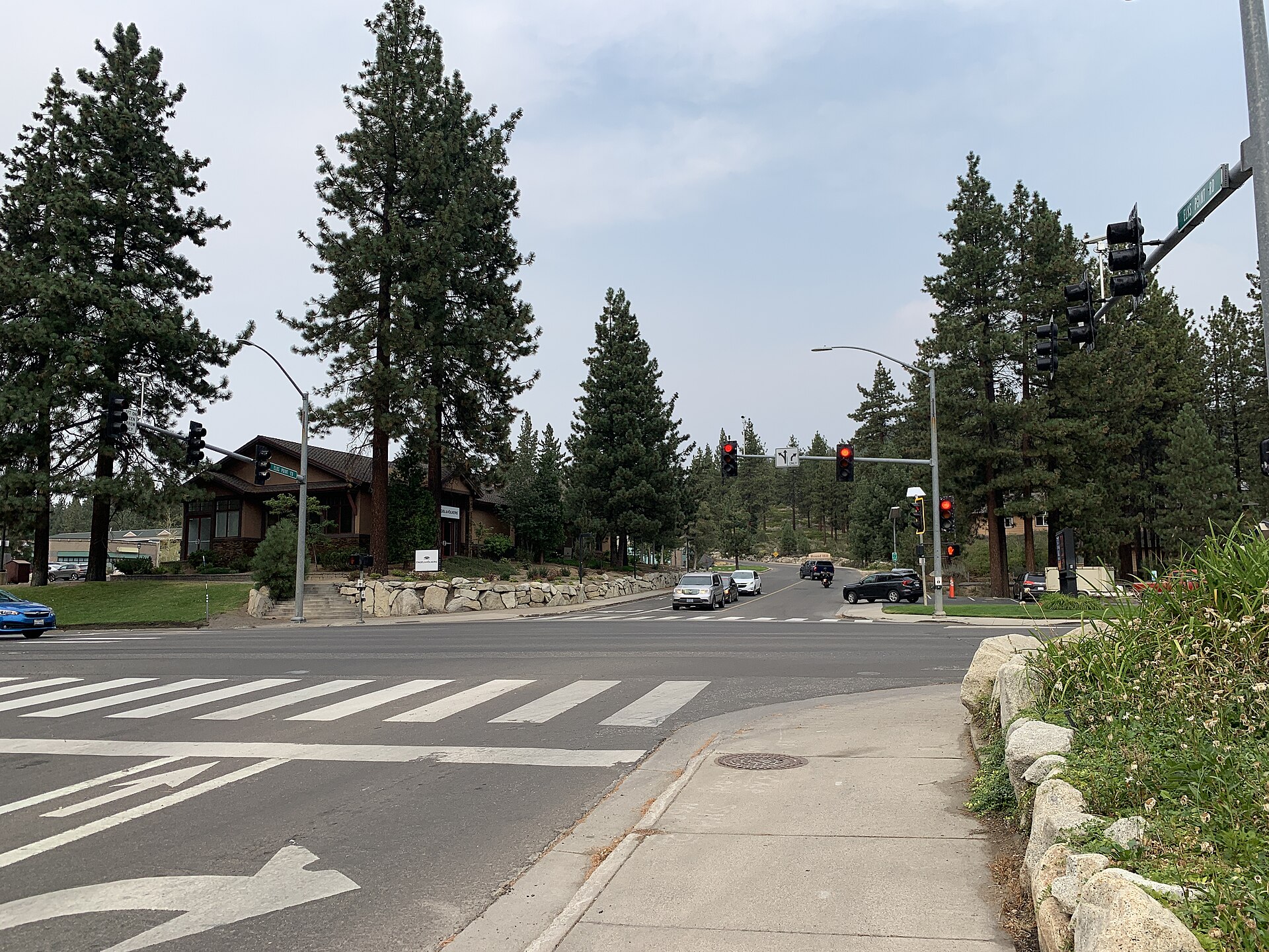 A suburban intersection with crosswalks, traffic lights, and tall pines under a hazy sky.