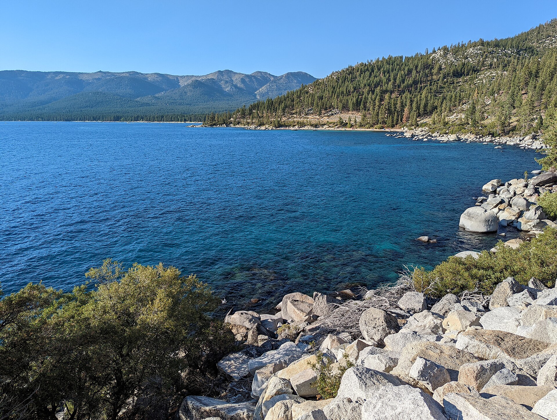 A rocky pine-fringed shoreline with deep blue water and mountain ridges beyond.