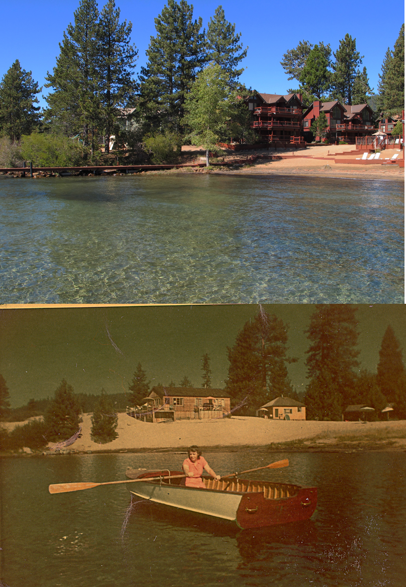 A split composite showing lakeside lodges in 2011 above and historic cabins with a canoeist in 1946.
