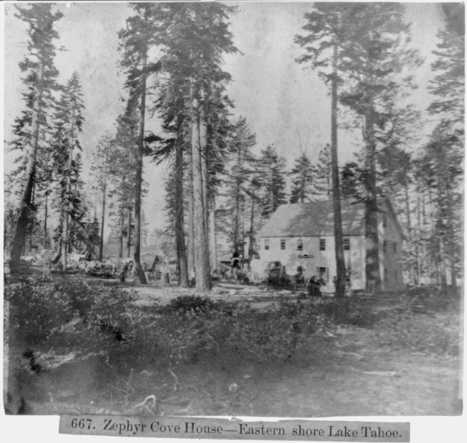 A sepia 19th-century view of a large wooden lodge among tall pines.