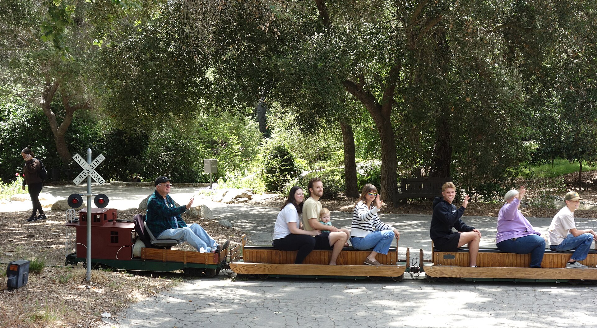 Visitors riding open-air miniature train cars on a track through shady trees.