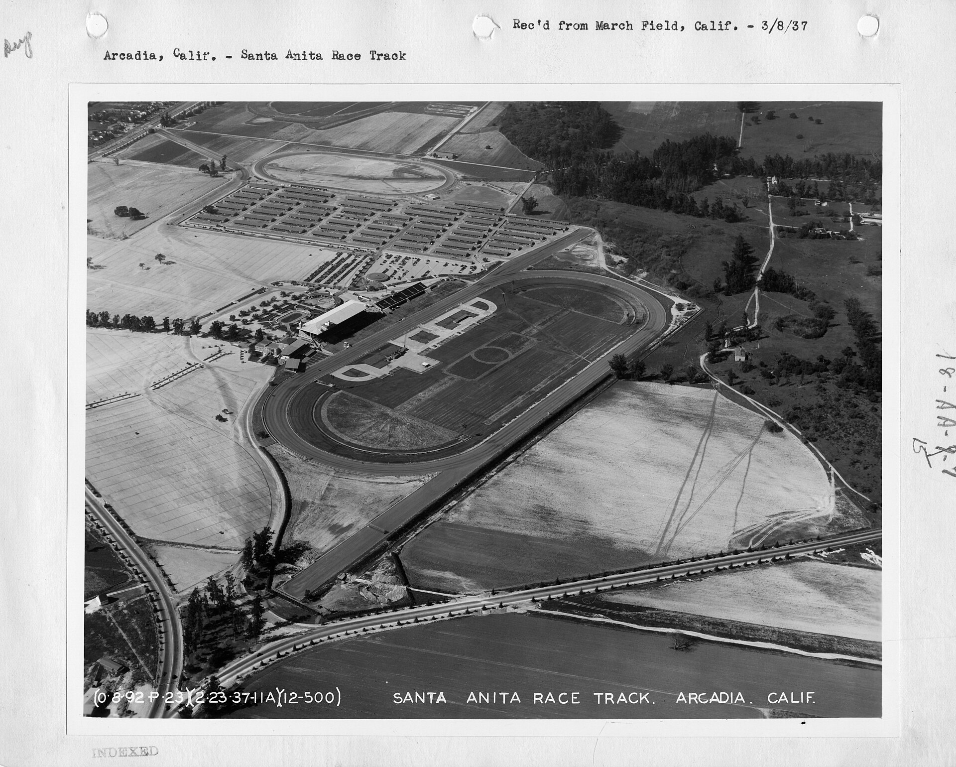 Aerial view of Santa Anita Park racetrack in nearby Arcadia, California