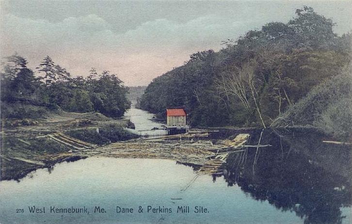 Historic postcard of the Dane and Perkins mill site in West Kennebunk
