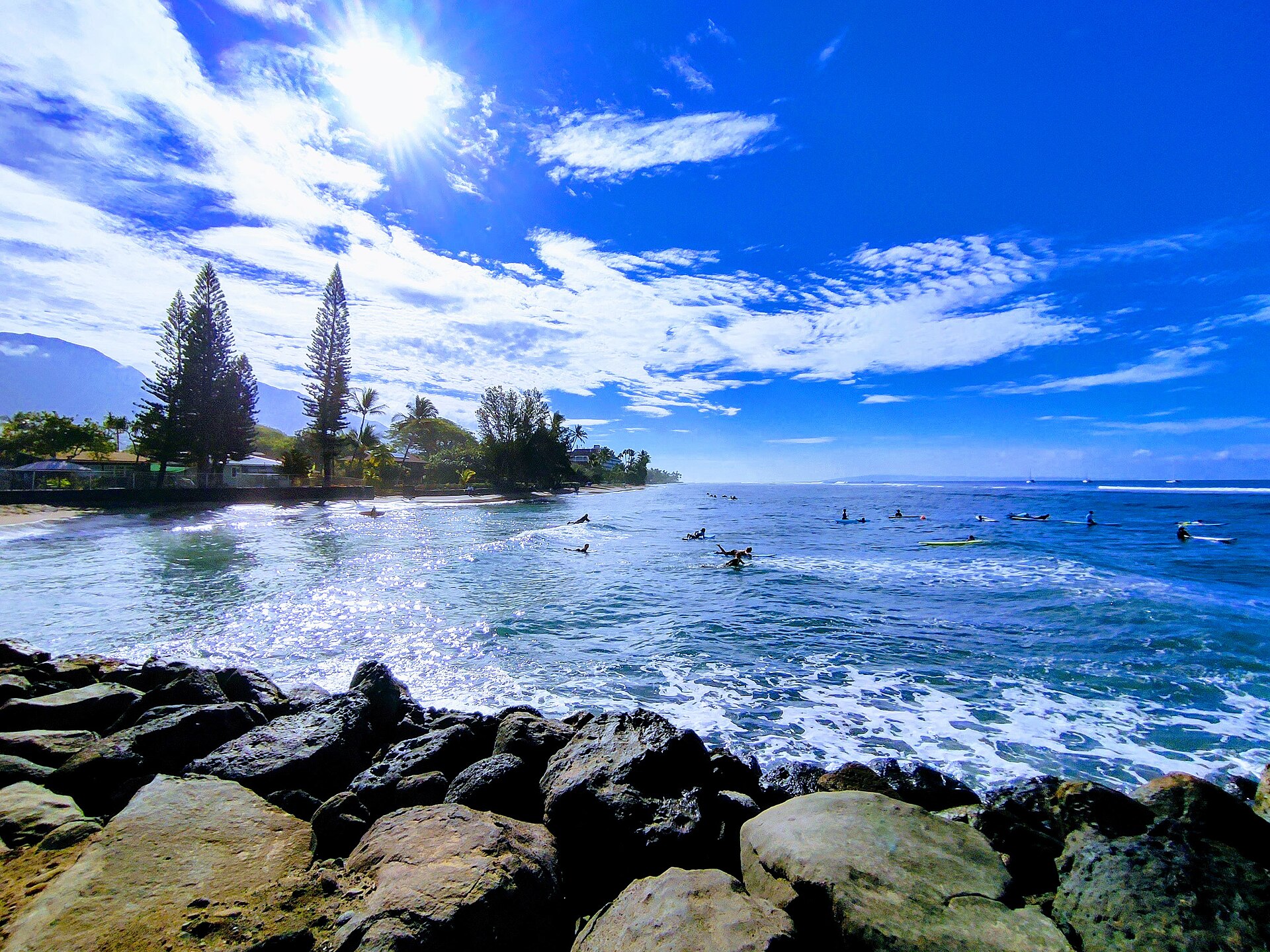 Surfers on gentle waves off a rocky beach with tall pines and the West Maui Mountains behind.