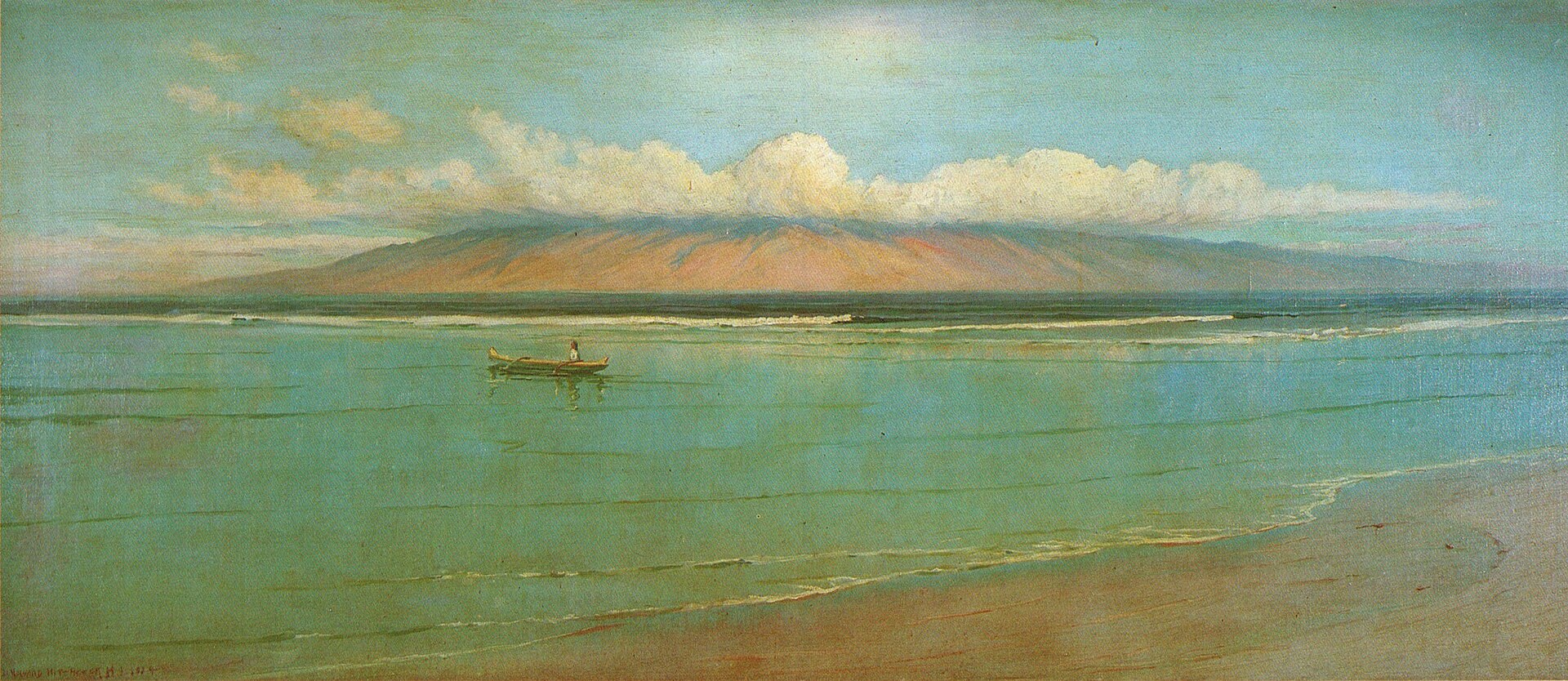 A 1924 painting of a lone canoe on turquoise water with the island of Lana'i rising behind.