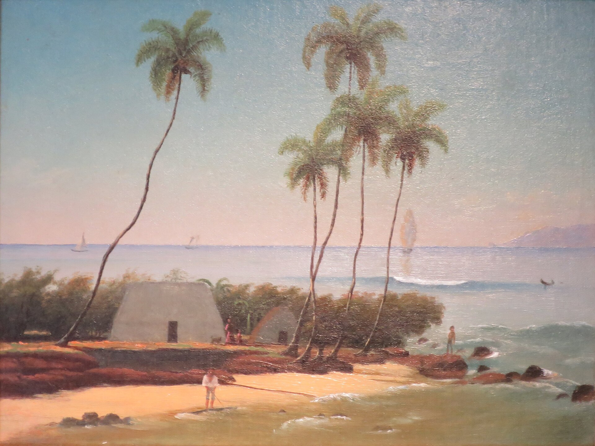 A 19th-century painting of a thatched grass house among leaning palms on a sandy beach.