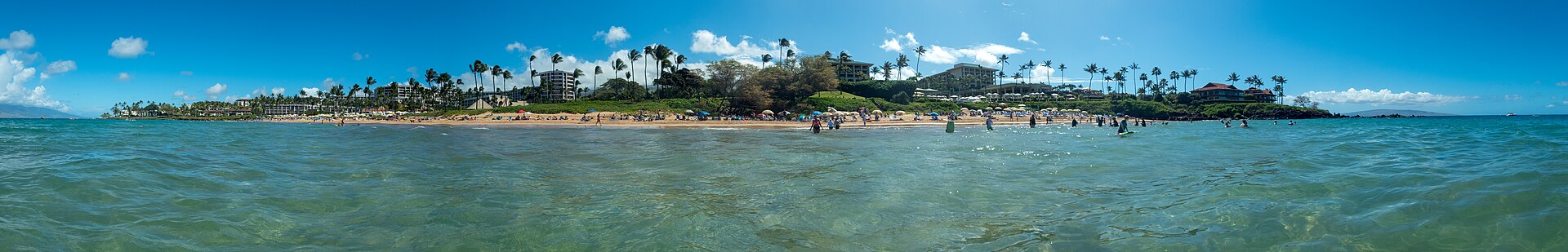 Clear shallow water in front of a curving beach lined with palms and resort buildings.