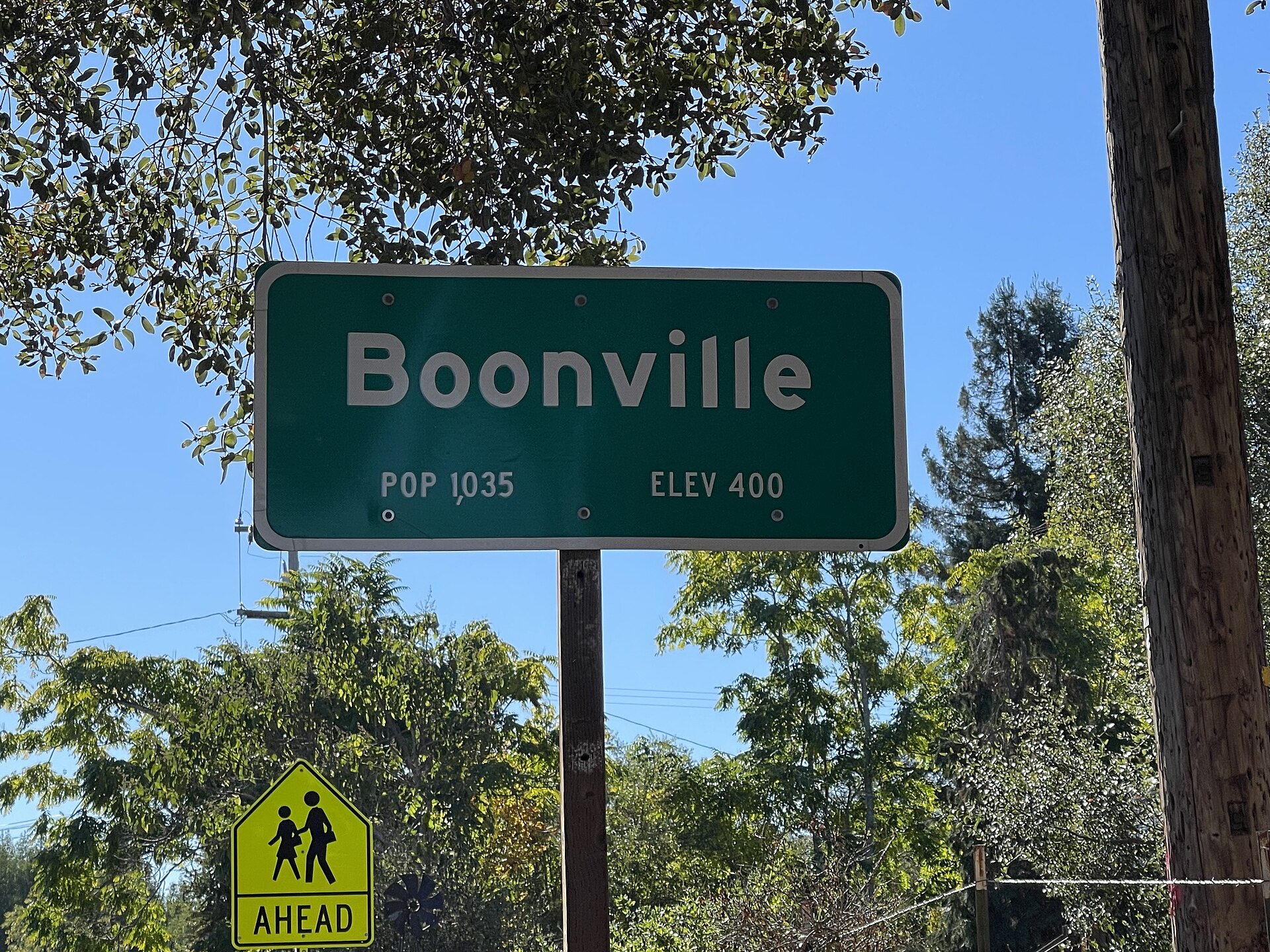 A green highway sign welcoming visitors to Boonville California.
