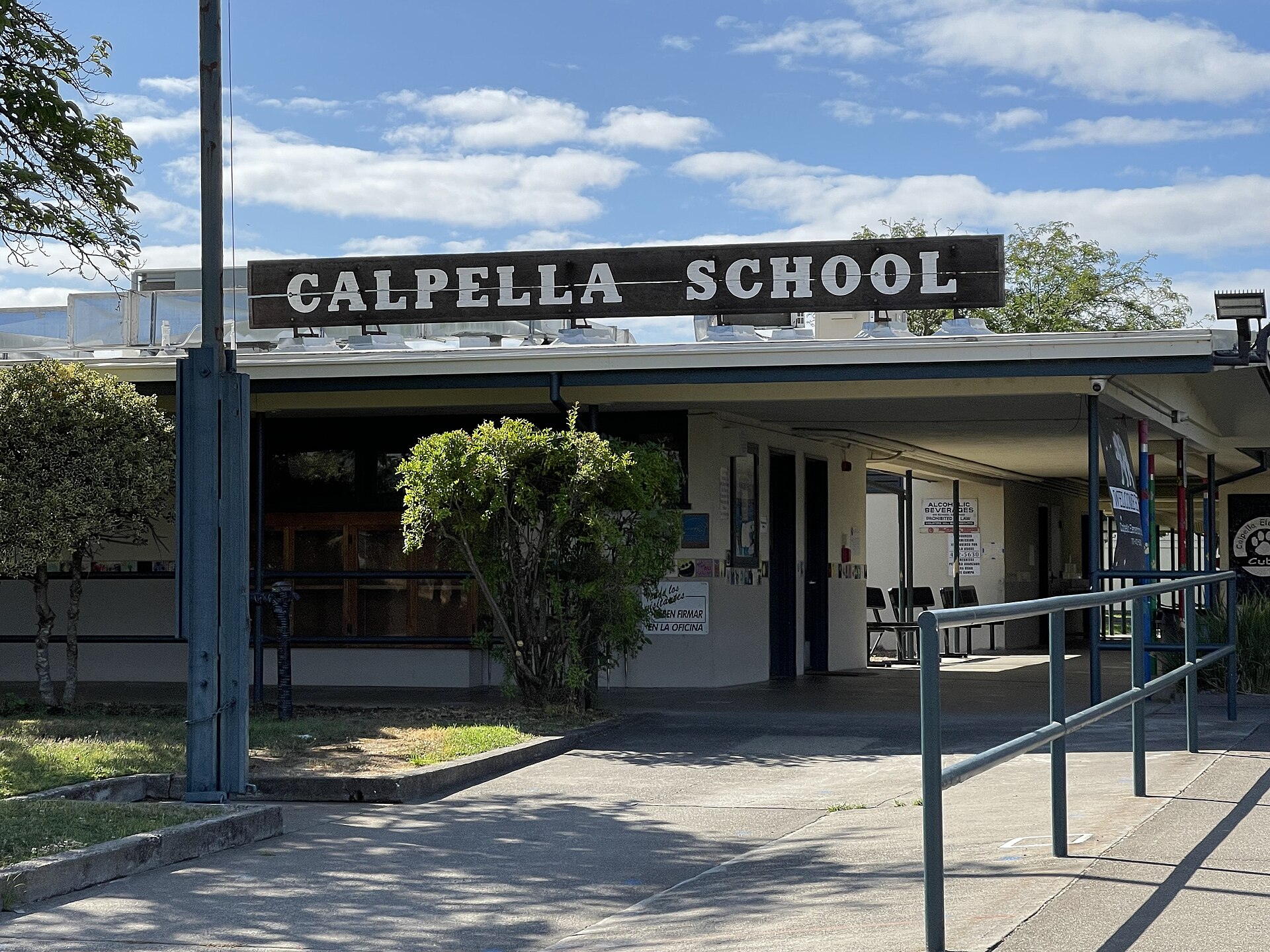 The sign and entrance of Calpella School in Calpella, California