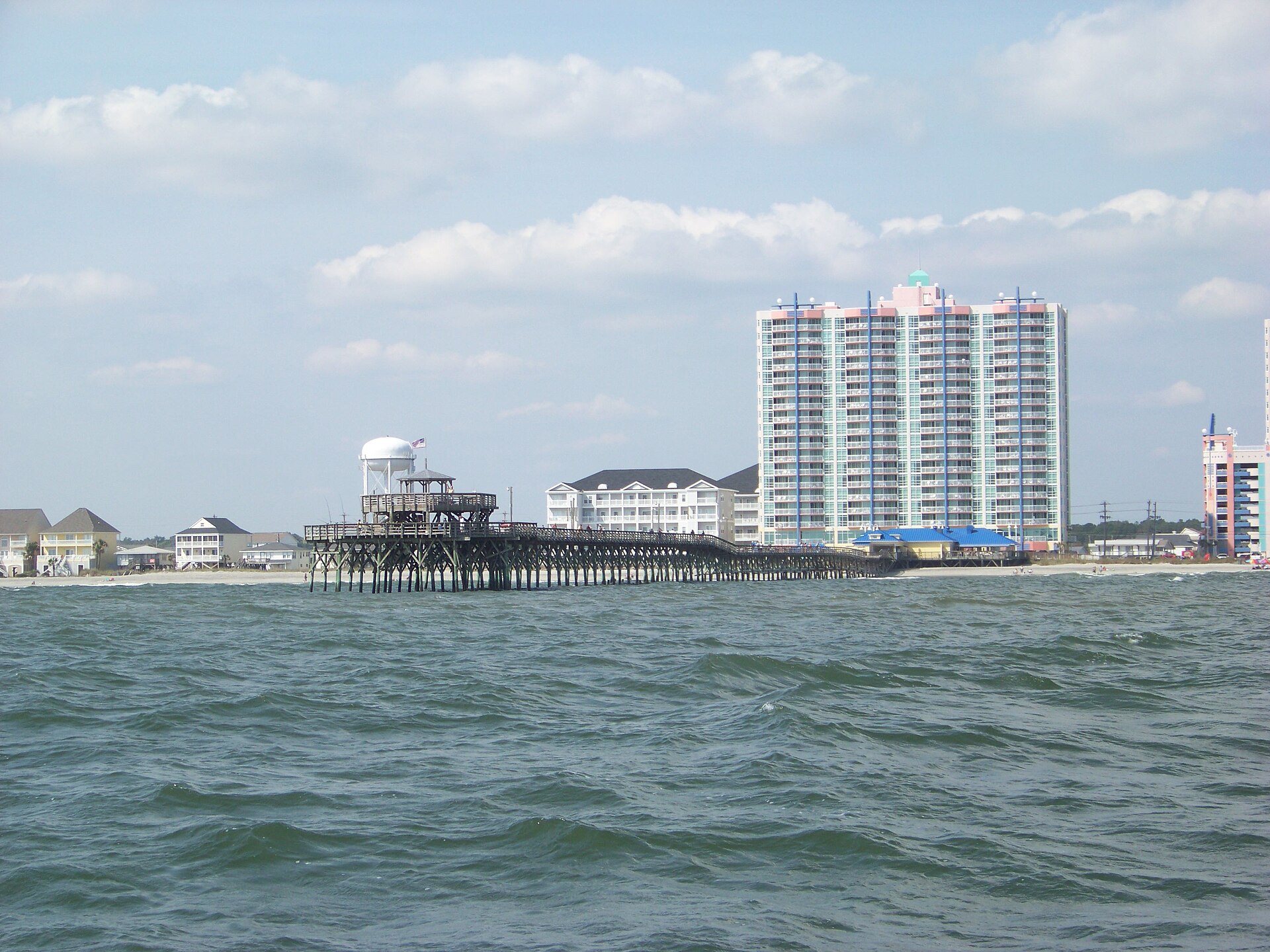 The Cherry Grove Pier extending into the Atlantic Ocean.