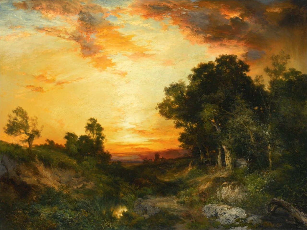 An oil painting of a golden sunset over rolling fields and trees in Amagansett.