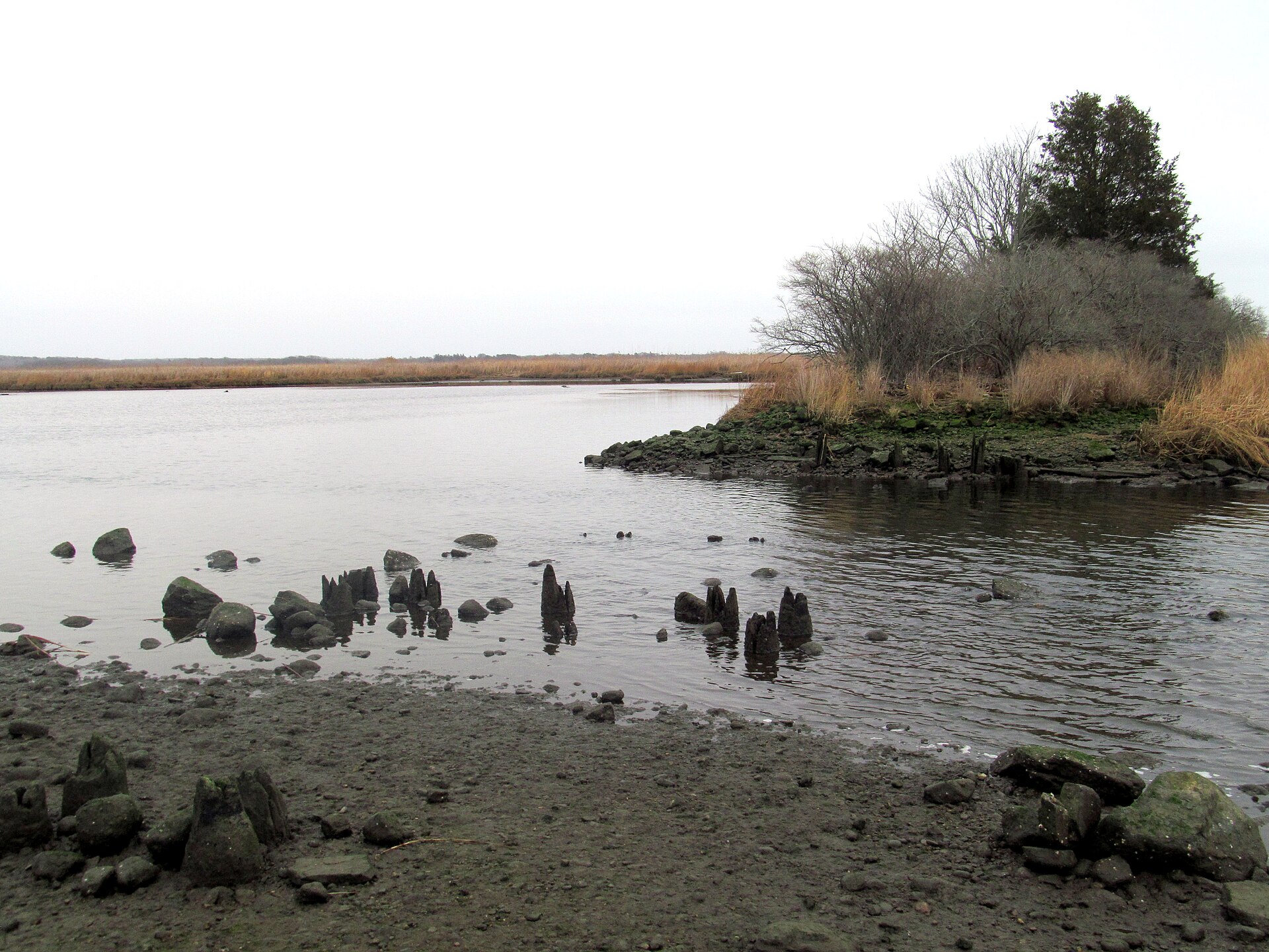 Wooden pilings and rocks along a quiet tidal creek with marsh grass beyond.