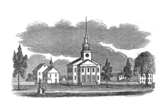 An 1838 engraving showing the town green and Congregational Church in Guilford, Connecticut.