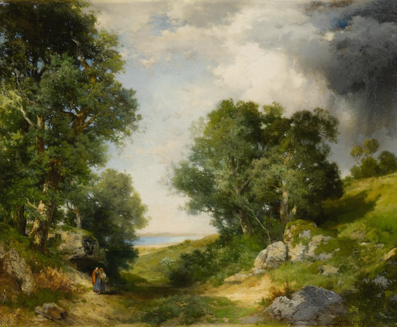 A painted view of a wooded path opening onto a distant pond with two small figures.