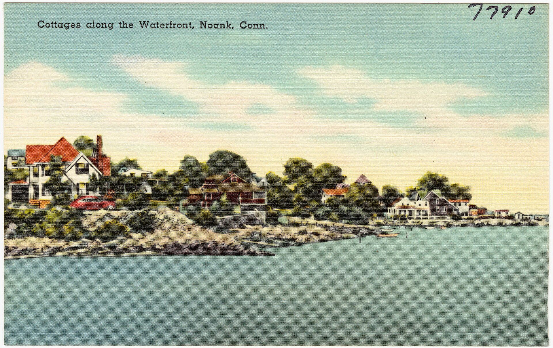 A hand-colored vintage postcard of cottages along the waterfront in Noank, Connecticut.