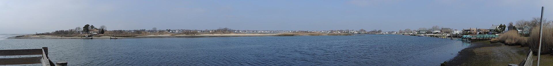 A panoramic view across Baldwin Bay from Waterfront Park, Freeport, New York.