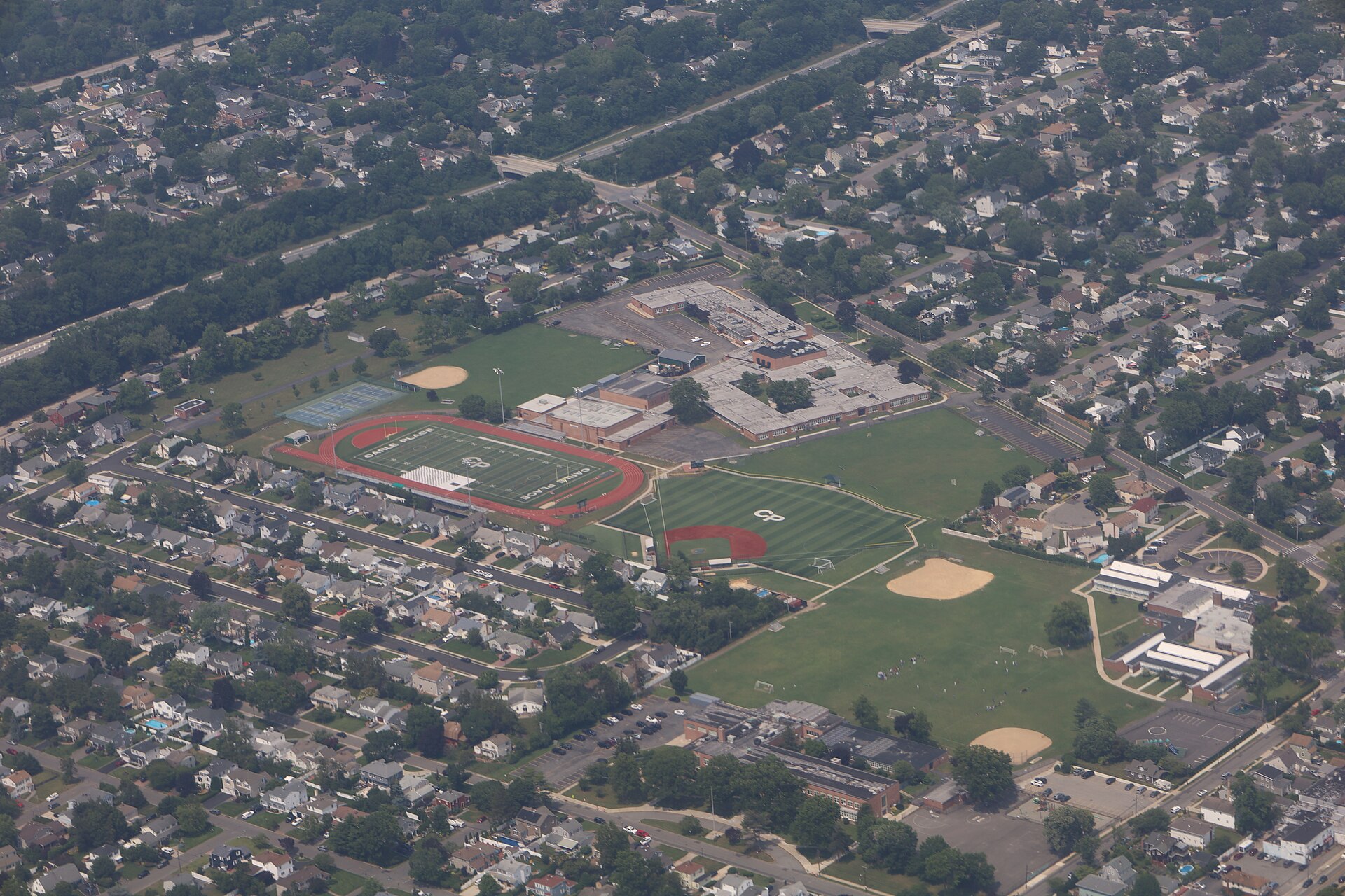 An aerial view of Carle Place High School in Carle Place, New York.
