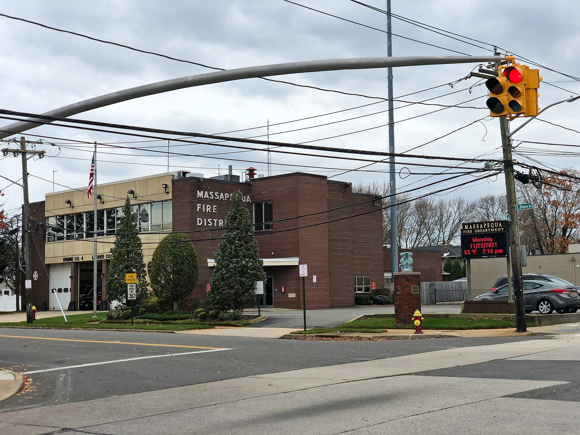The Massapequa Fire District building on the corner in East Massapequa, New York