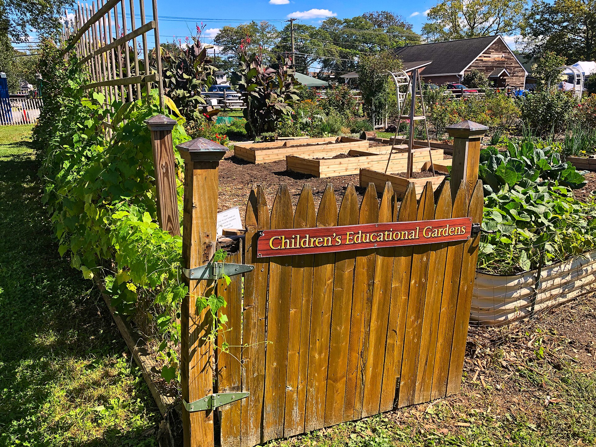 Raised garden beds at the East Meadow Farm children's educational garden.