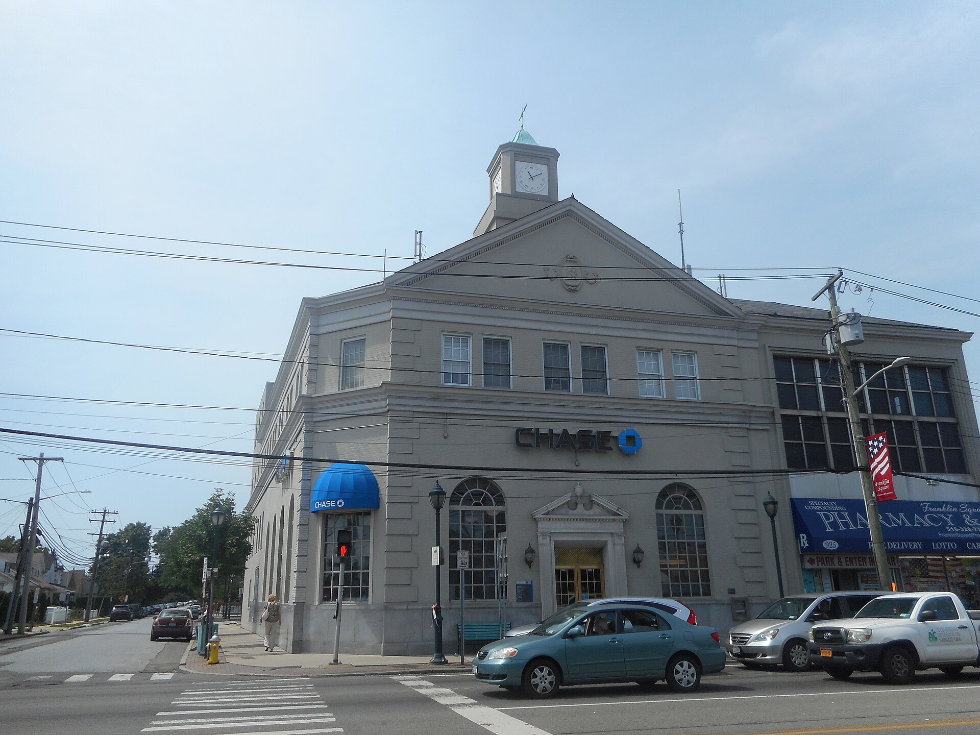The former Franklin National Bank building, now a Chase branch, in Franklin Square
