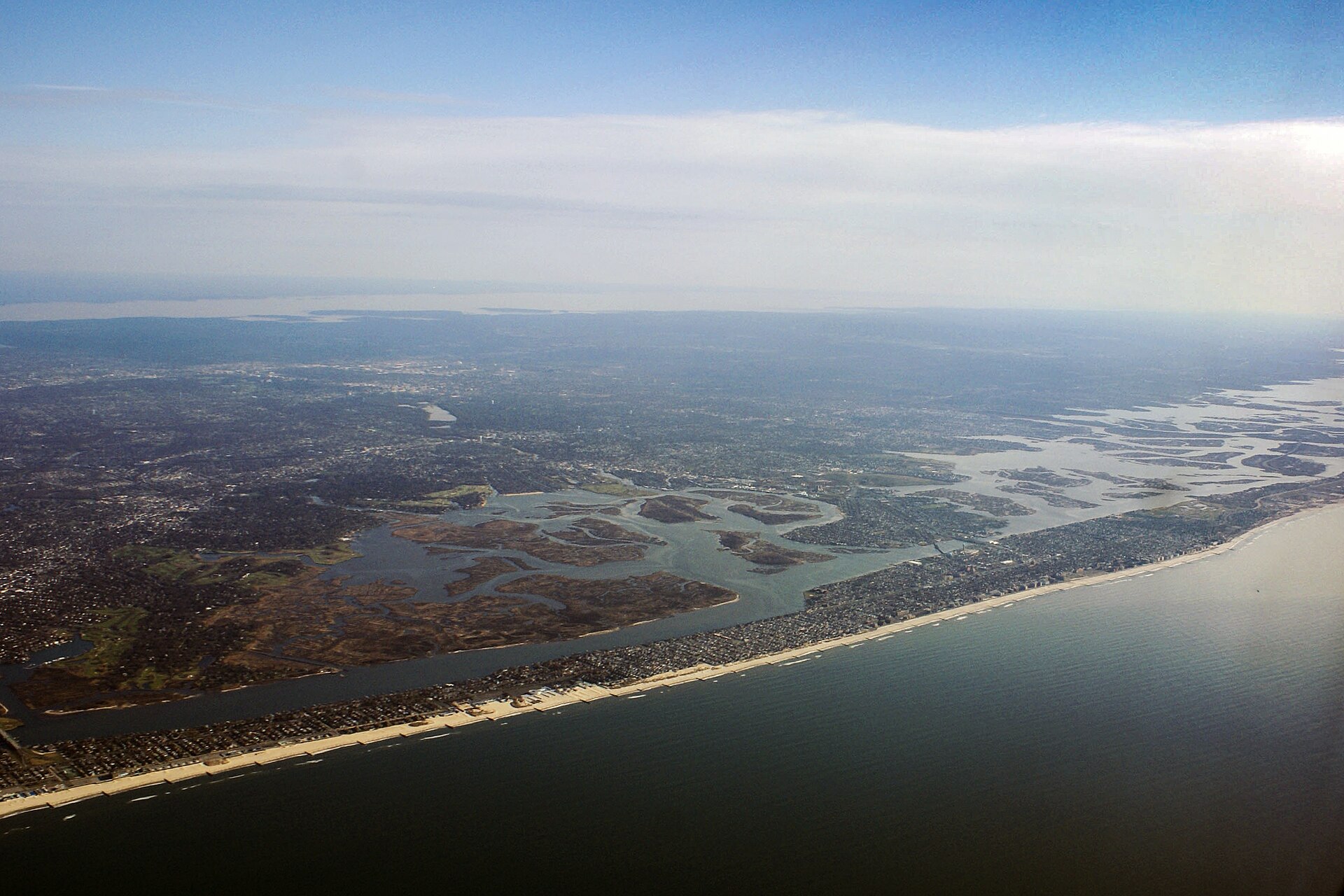 An aerial view of the Long Beach Barrier Island in Nassau County, New York.