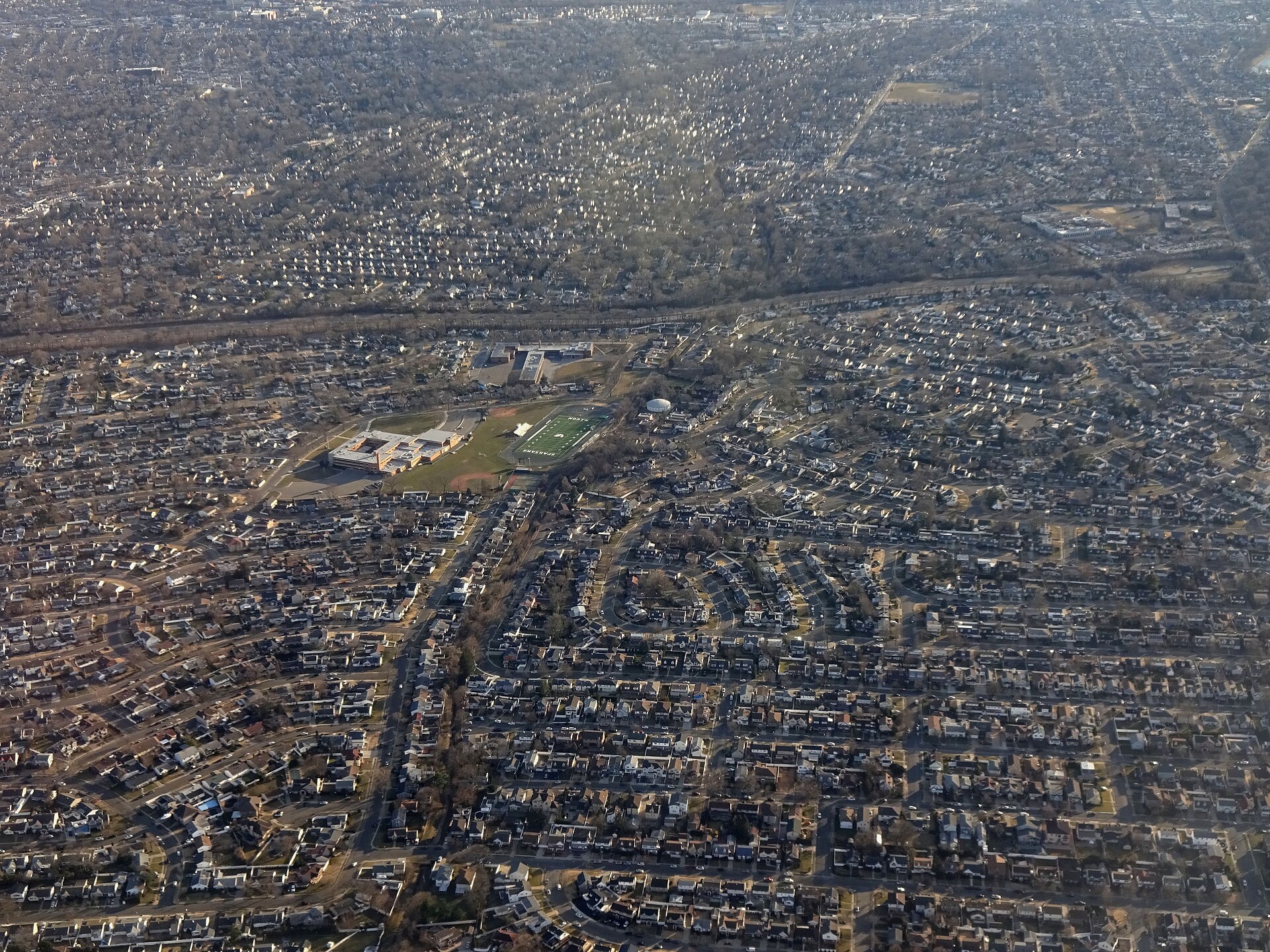 Aerial view of the dense suburban neighborhoods of North Valley Stream, New York