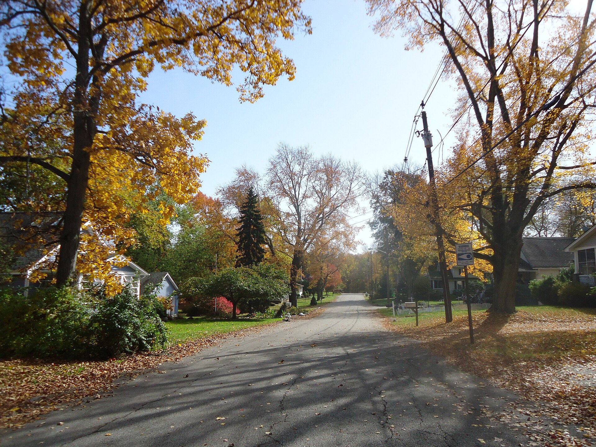 A tree-lined residential road in Gillette, New Jersey, with autumn foliage.