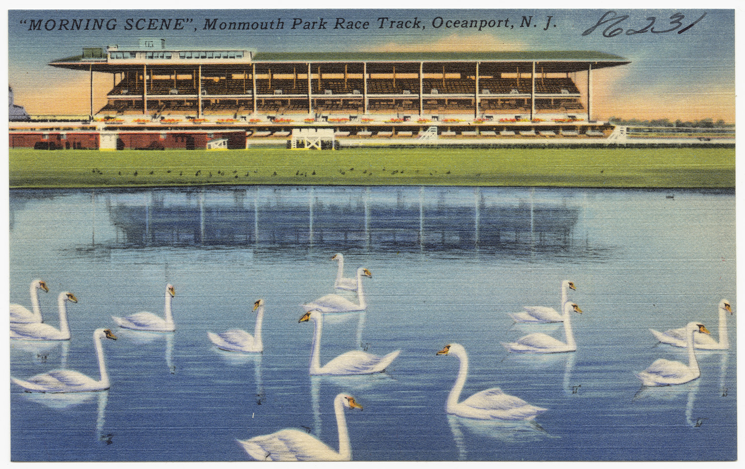 Vintage postcard of the grandstand at Monmouth Park Race Track in Oceanport, New Jersey