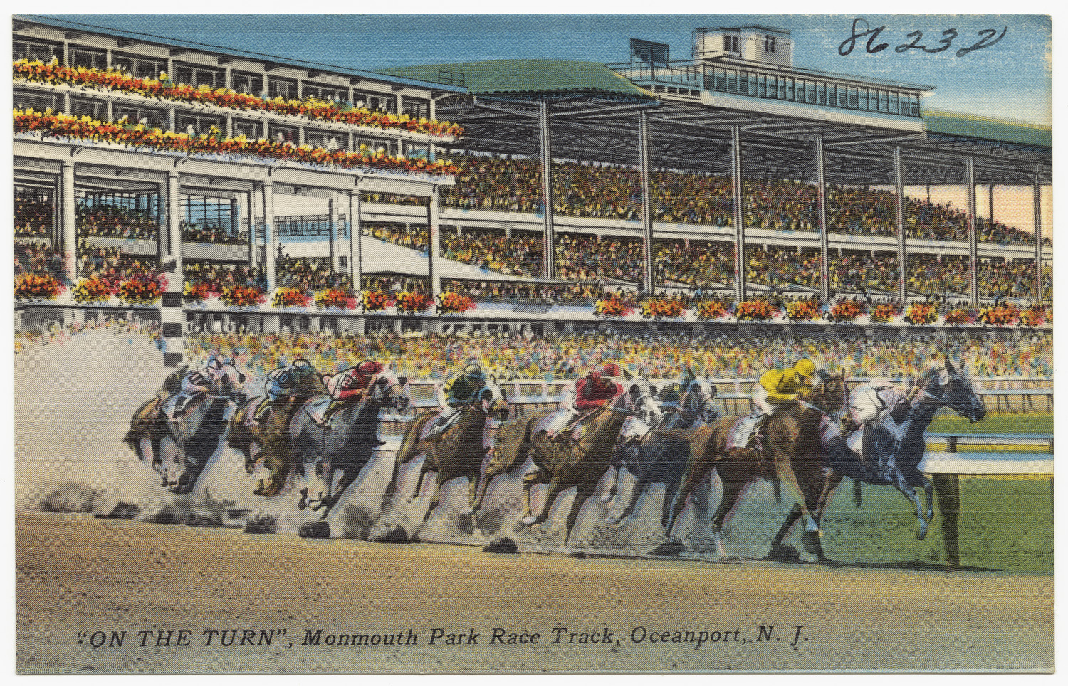 Vintage postcard of horses rounding the turn at Monmouth Park Race Track in Oceanport, New Jersey