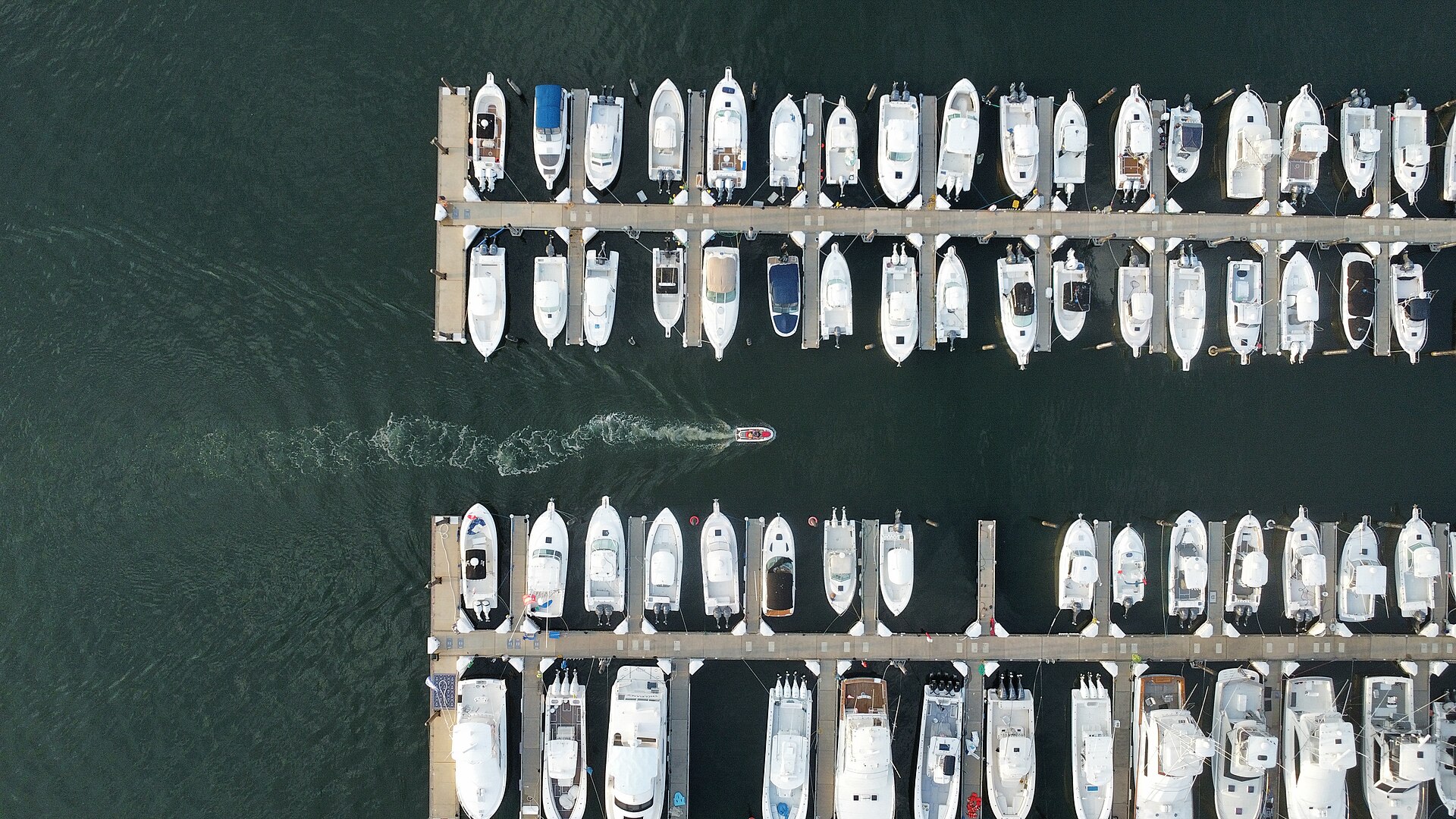 An aerial view of boats docked at the marina in Belmar New Jersey, adjacent to West Belmar.