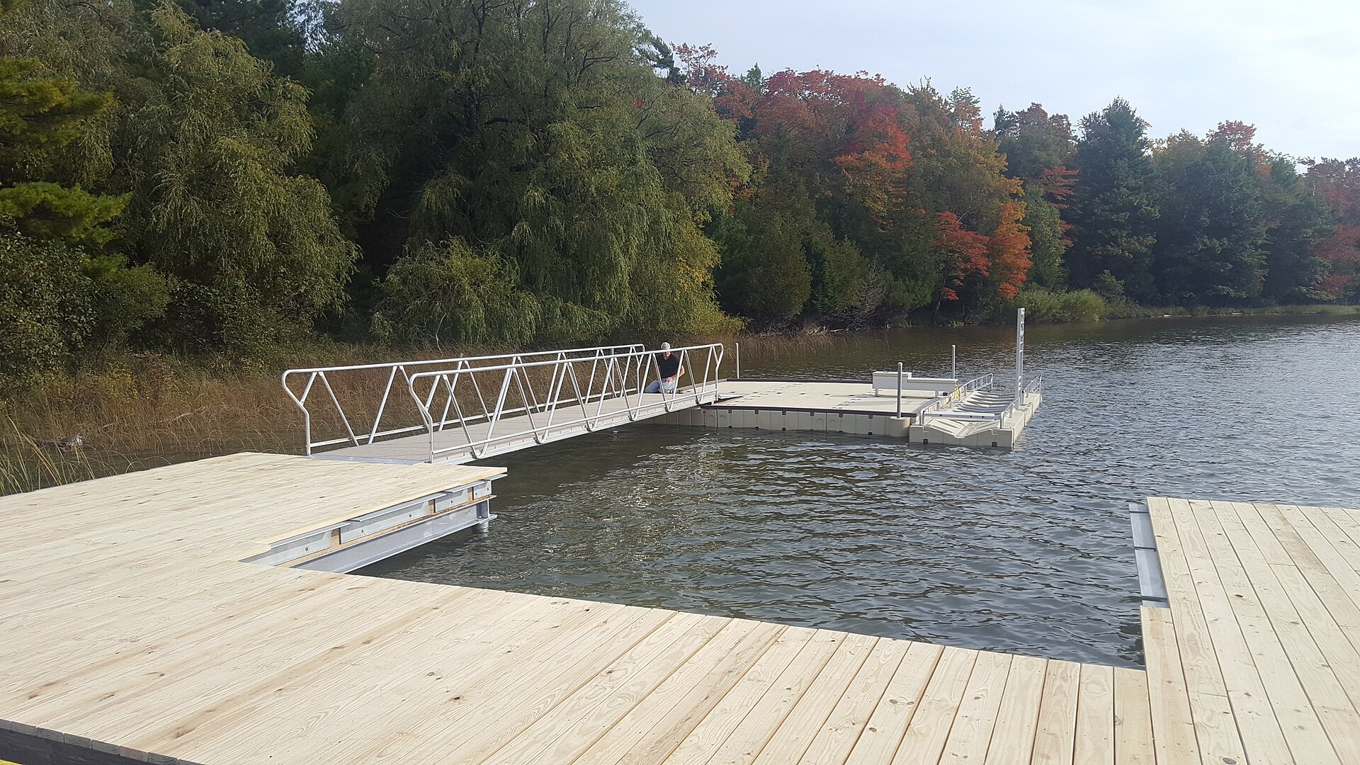 A wooden dock and kayak launch at Loon Lake in the Sleeping Bear Dunes National Lakeshore.