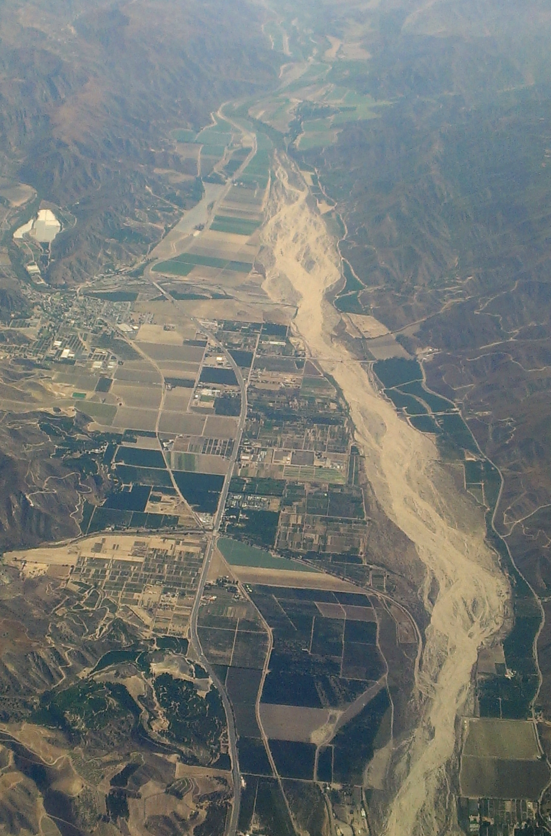 Aerial view over Piru and the Santa Clara River Valley