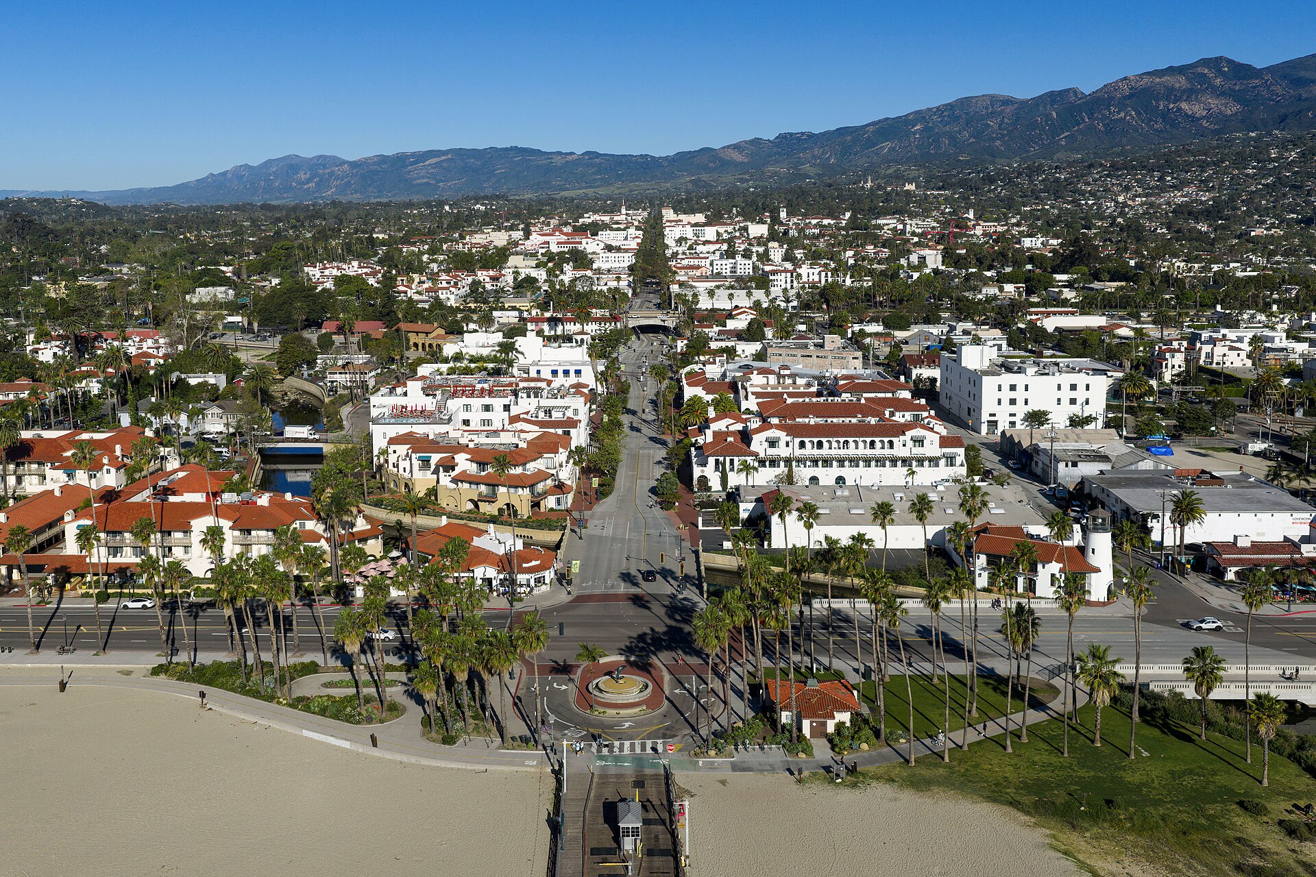 Aerial view over downtown Santa Barbara toward the waterfront