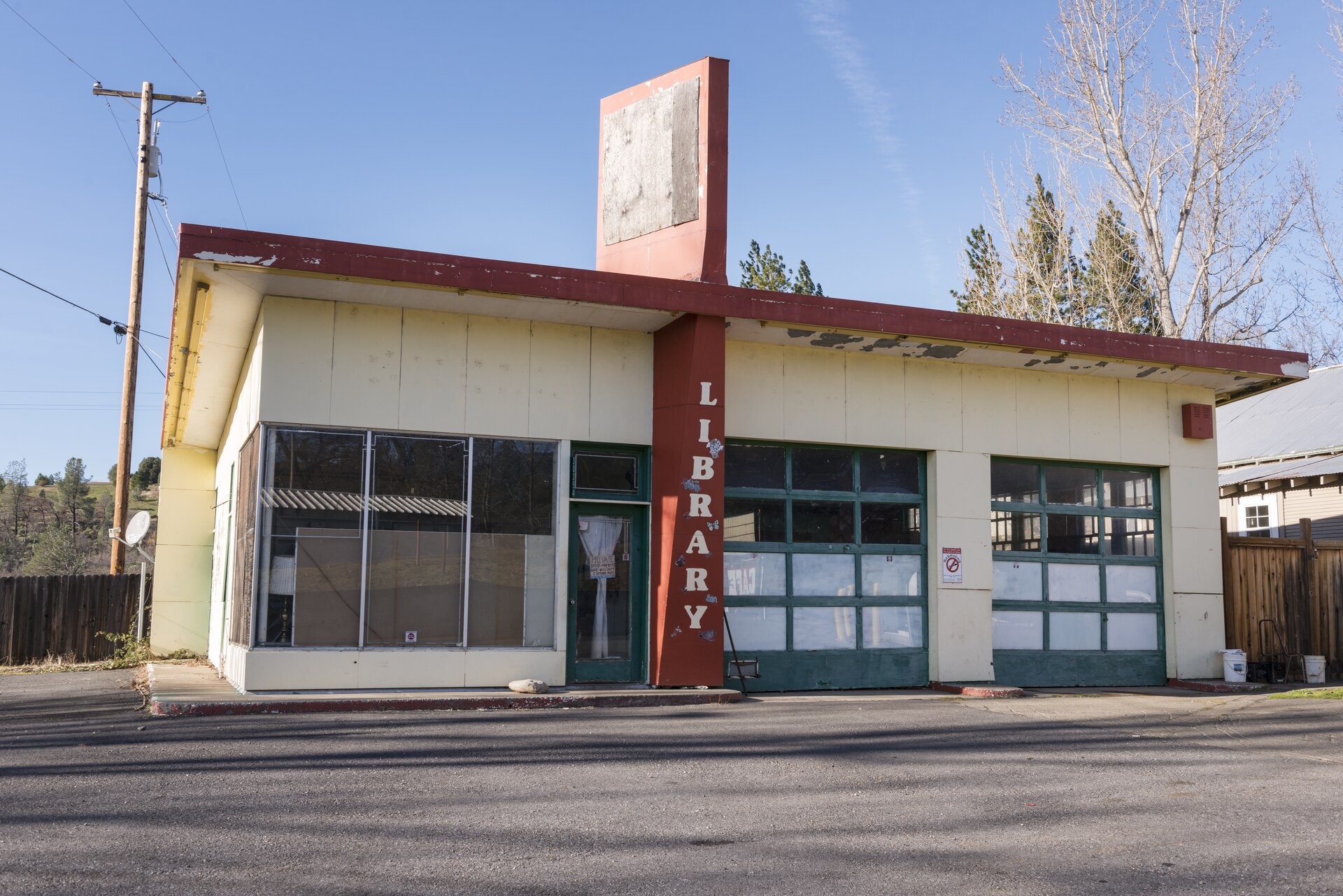 A repurposed mid-century gas station, now a library, in Montgomery Creek, California